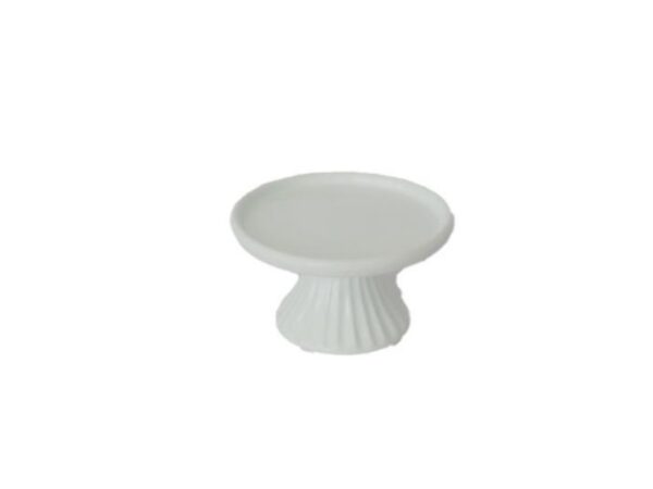 Prato Bolo Cerâmica Pé Canelado Redondo Branco Mini