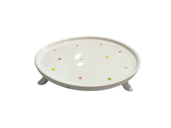 Prato Bolo Cerâmica Redondo Branco C/ Estrelas Coloridas Gr