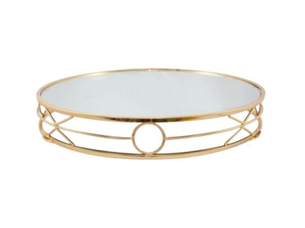 Bandeja Metal Espelhada Redonda Dourada S/ Pé Gr