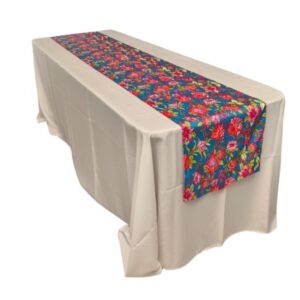 Passadeira Crepe Floral Azul Turquesa, Rosa e Verde